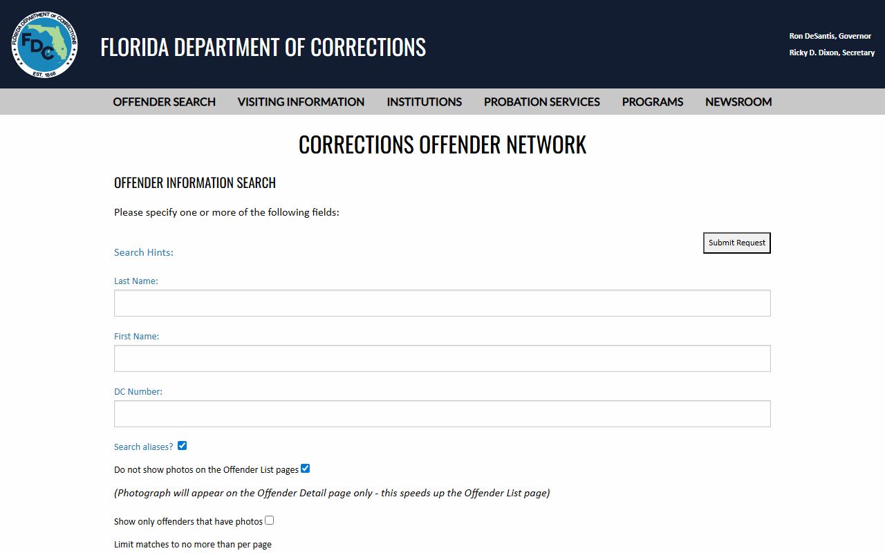 Florida Department of Corrections offender search used to look up Wakulla Correctional Institution inmates