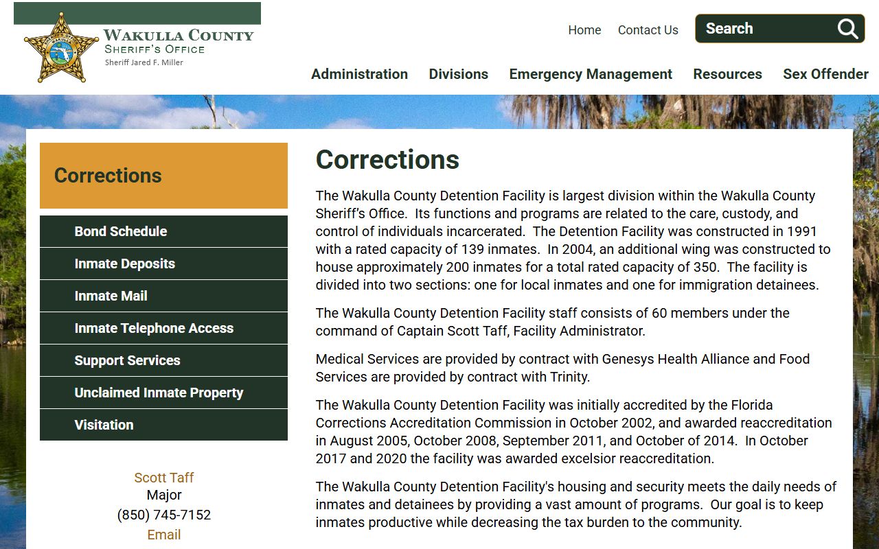 Wakulla County Detention Facility corrections page describing jail capacity and the inmate population