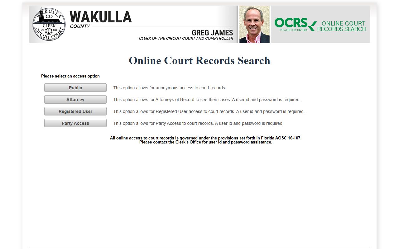 Wakulla County online court records search access screen for cases after an arrest