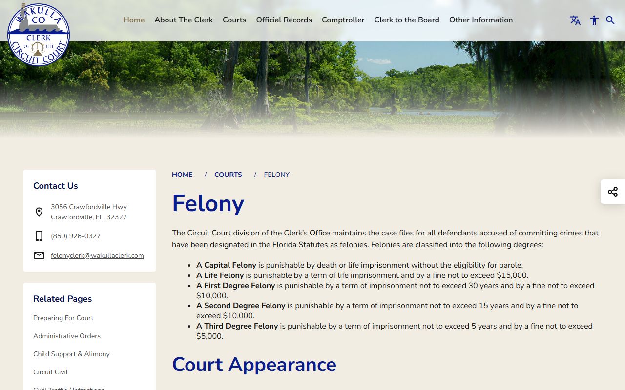 Wakulla County Clerk felony page with court record copy fees after an arrest