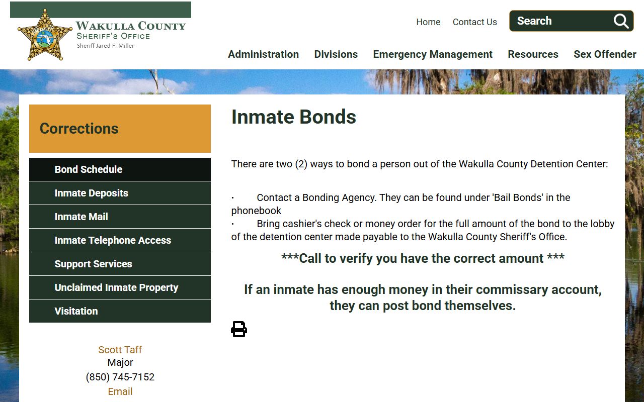 Wakulla County Detention Facility bond instructions for releasing an inmate