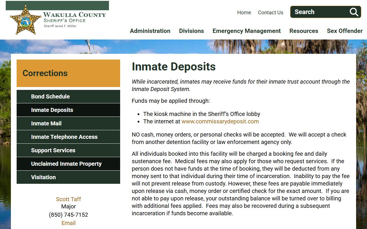 Wakulla County inmate deposit and booking fee rules for jail inmate accounts