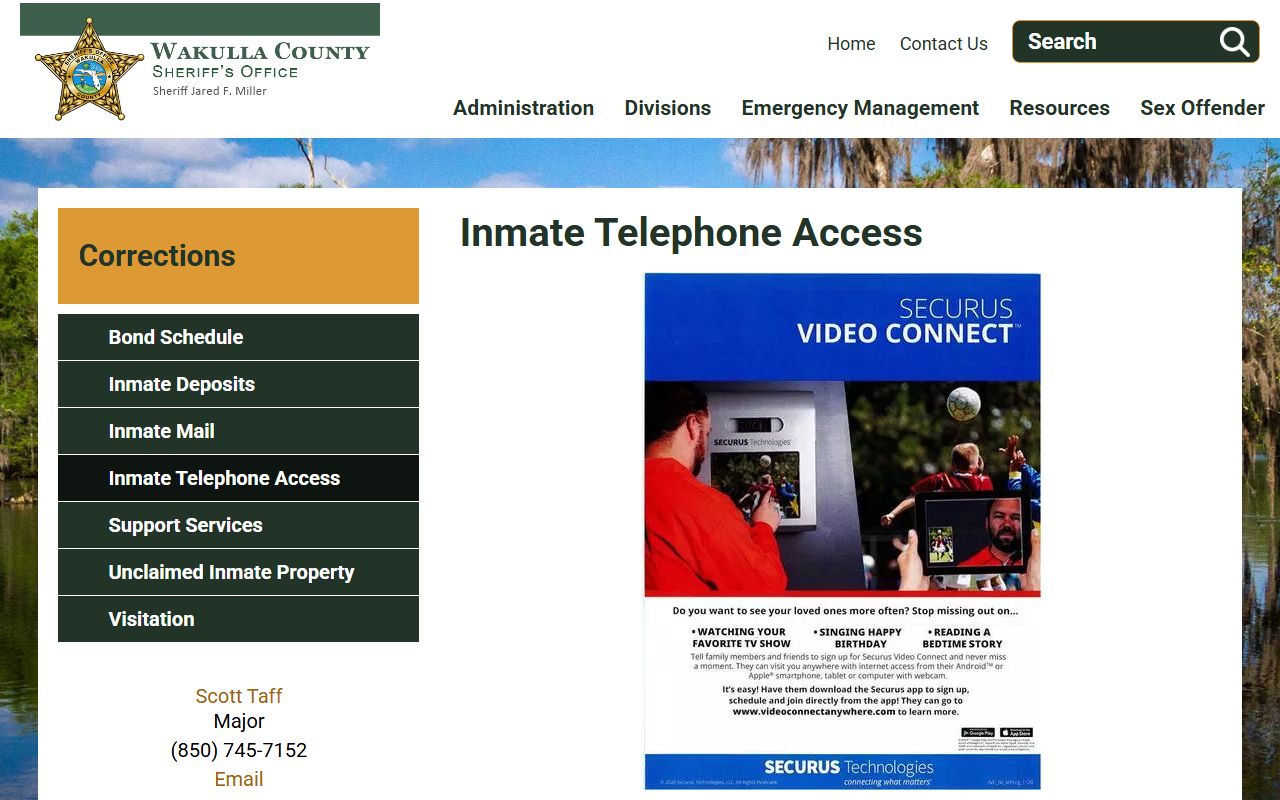 Wakulla County jail inmate telephone access page for contacting inmates