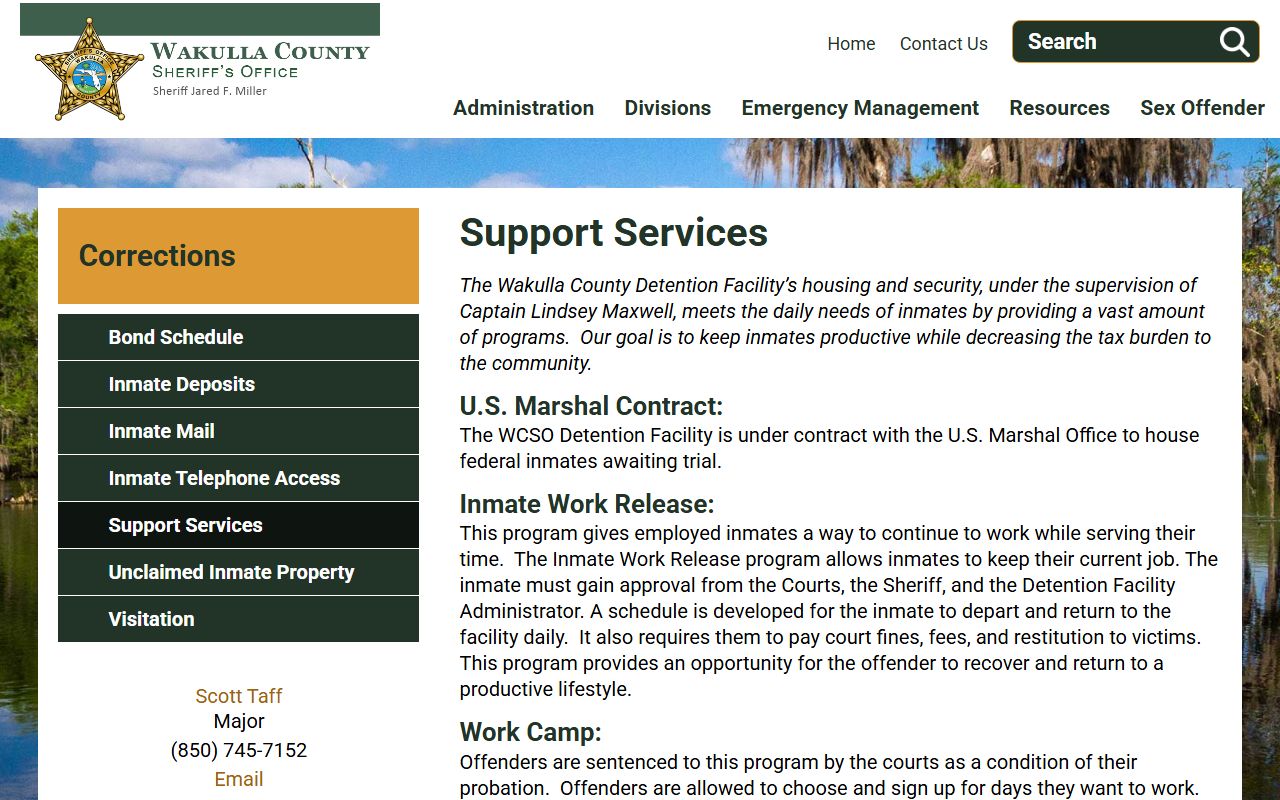 Wakulla County Detention Facility support services page covering inmate programs and lookup context