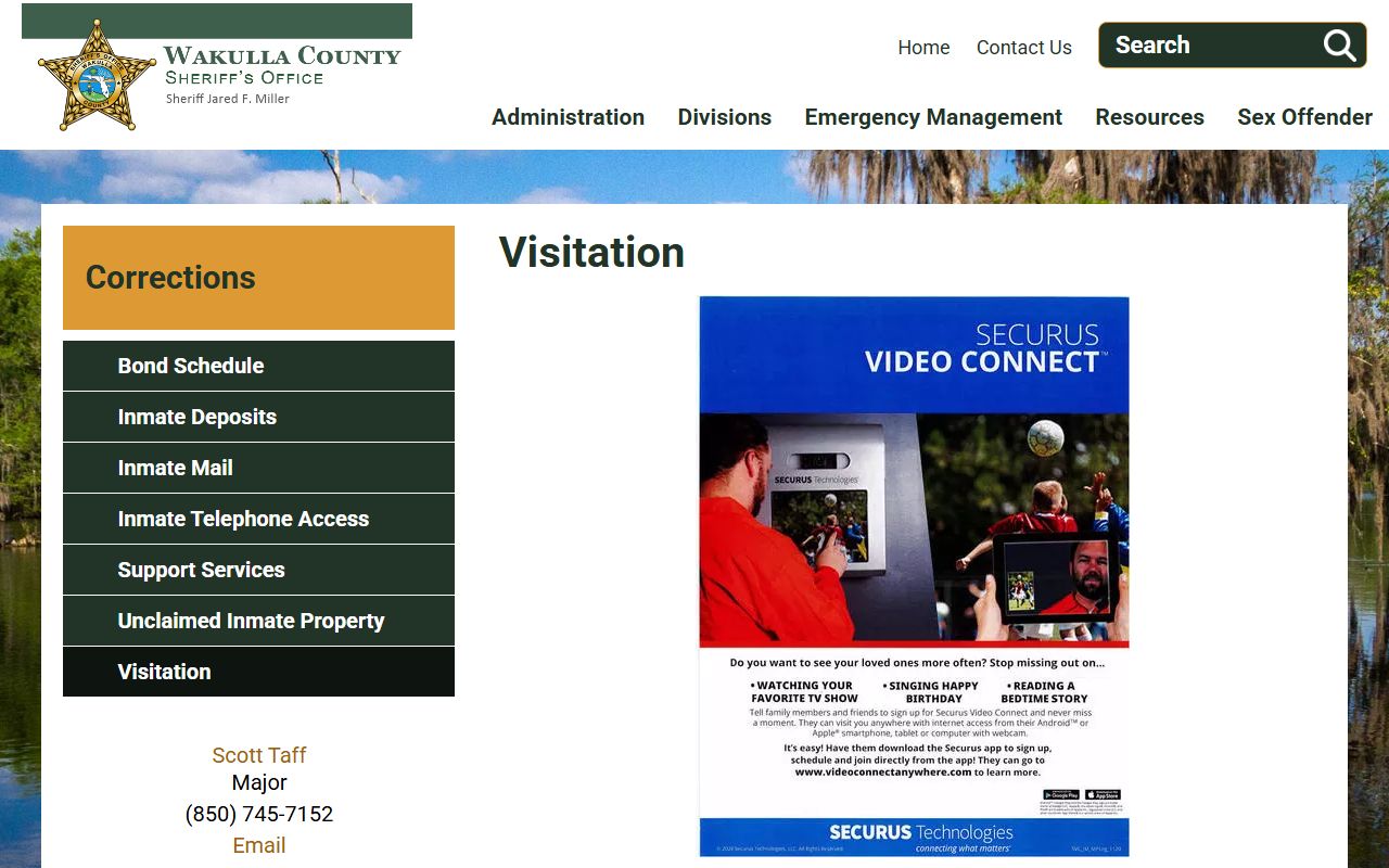 Wakulla County Detention Facility visitation page for video visits with inmates