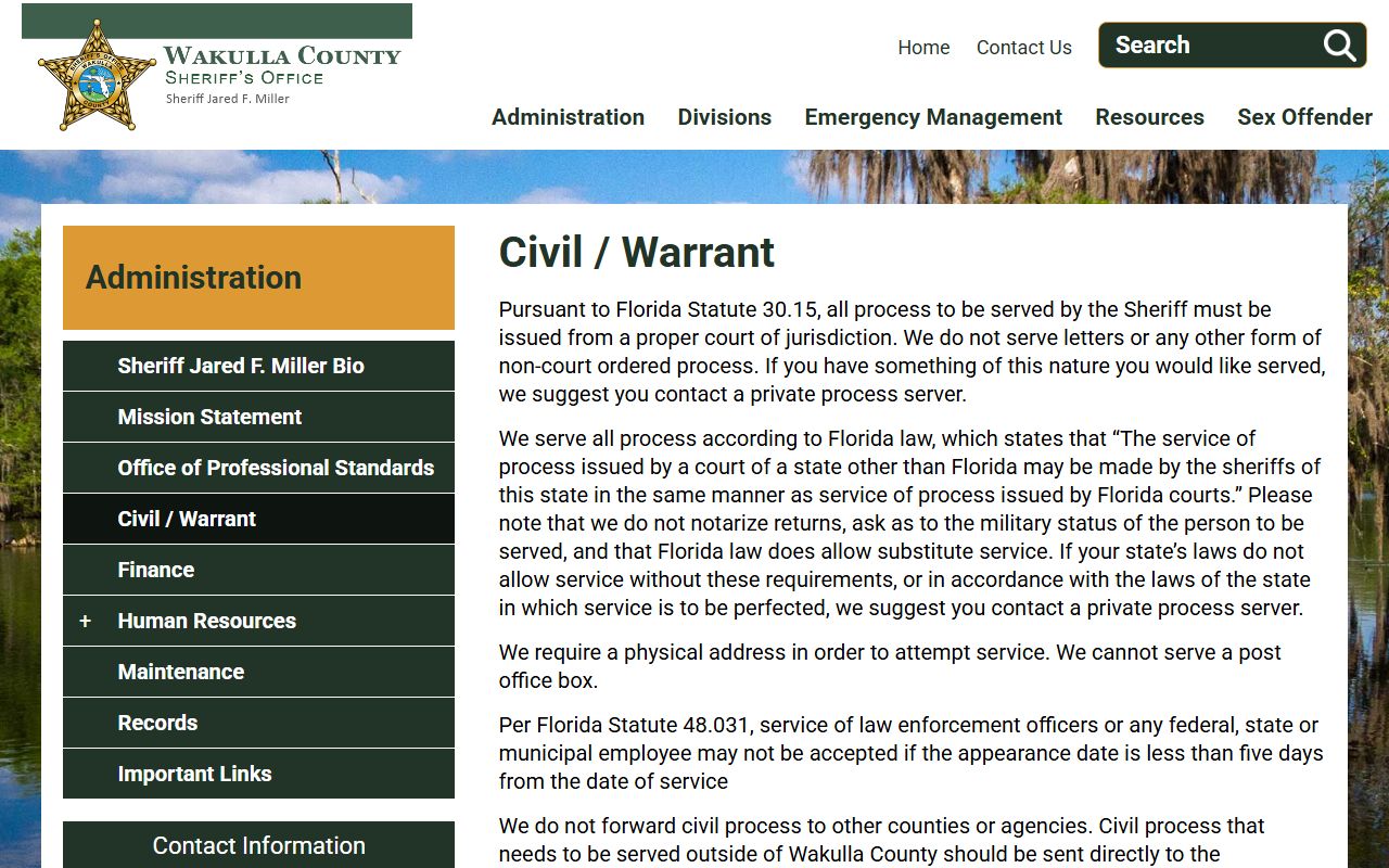 Wakulla County Sheriff civil and warrant page tied to court records after an arrest