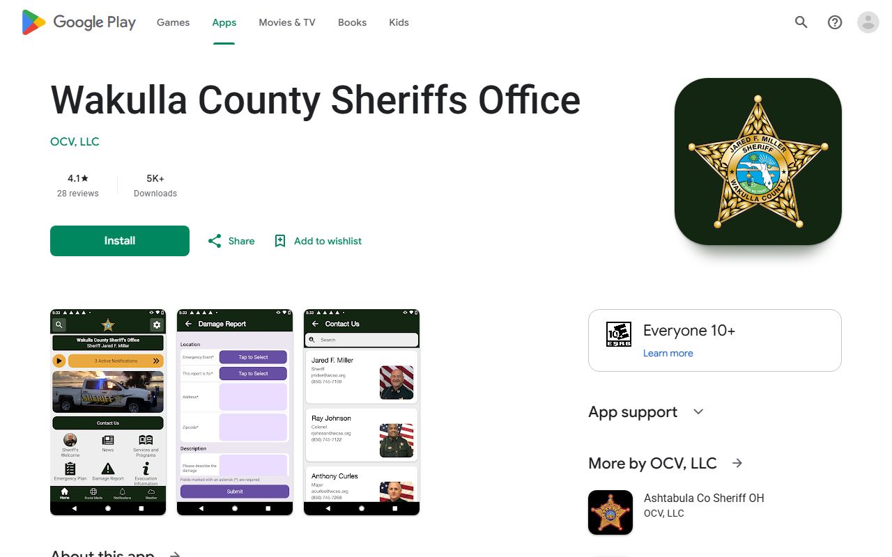 Wakulla County Sheriff's Office app listing used for inmate population lookup