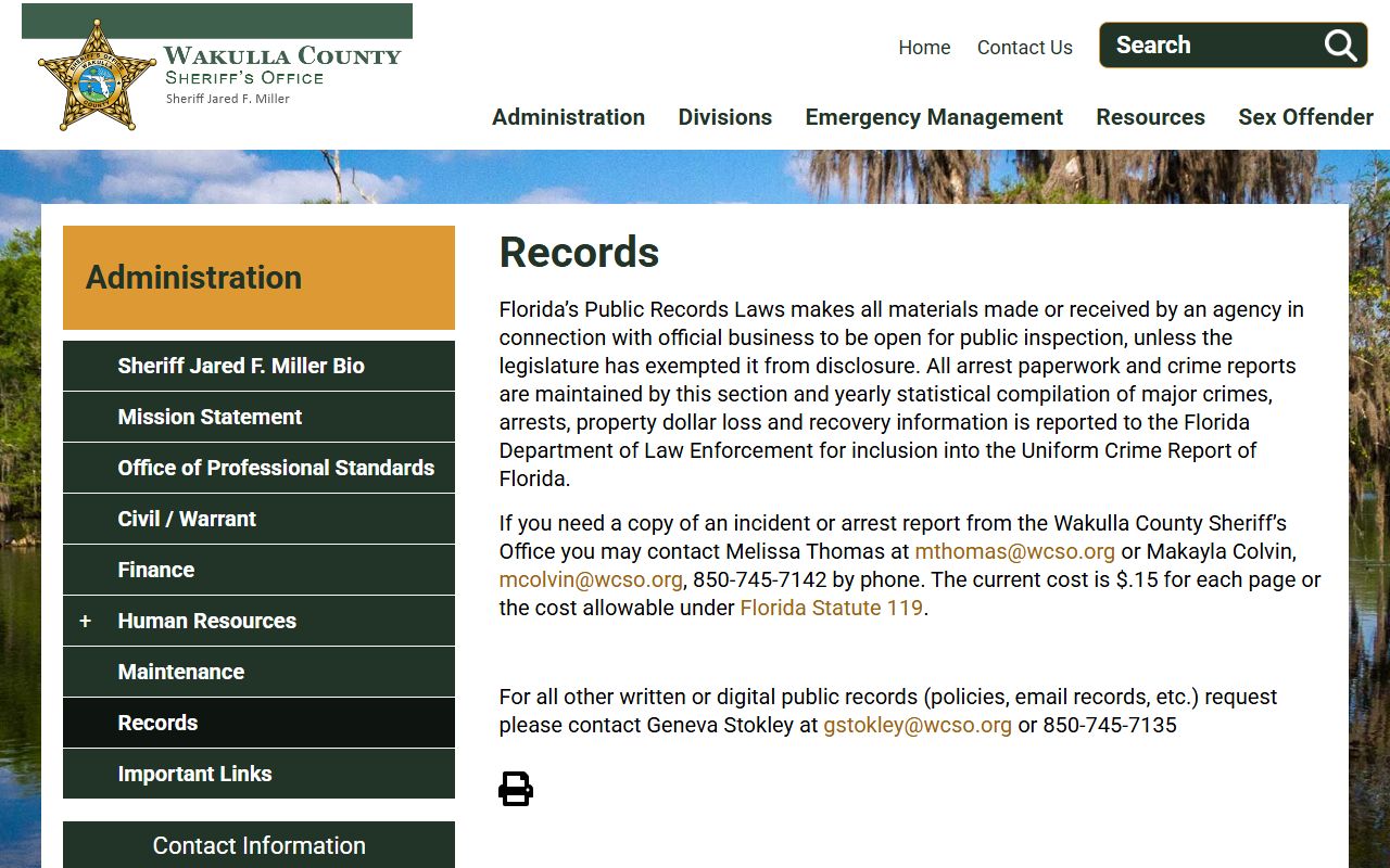 Wakulla County Sheriff's Office records request page for jail and arrest inmate records